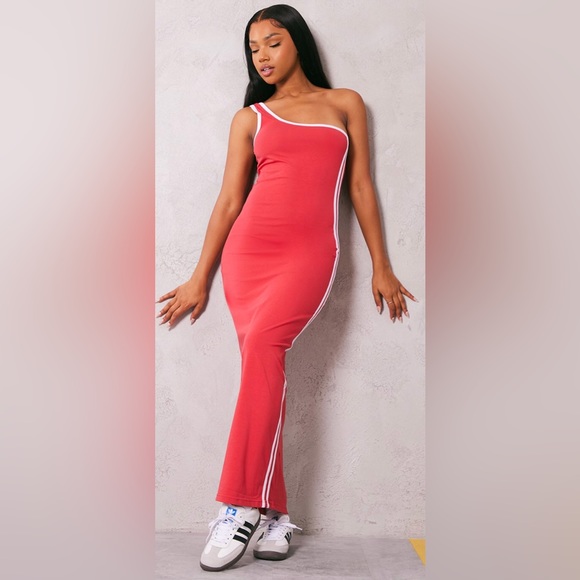 PLT Red Contrast Stripe One Shoulder Midaxi Dress - Picture 2 of 3